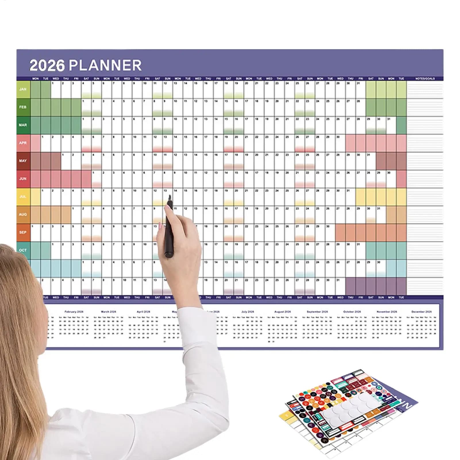 2026 2025 Calendario da parete Anno intero Carta di grandi dimensioni Adesivo carino Annuale Settimanale Pianificatore annuale Elenco target Forniture per ufficio domestico