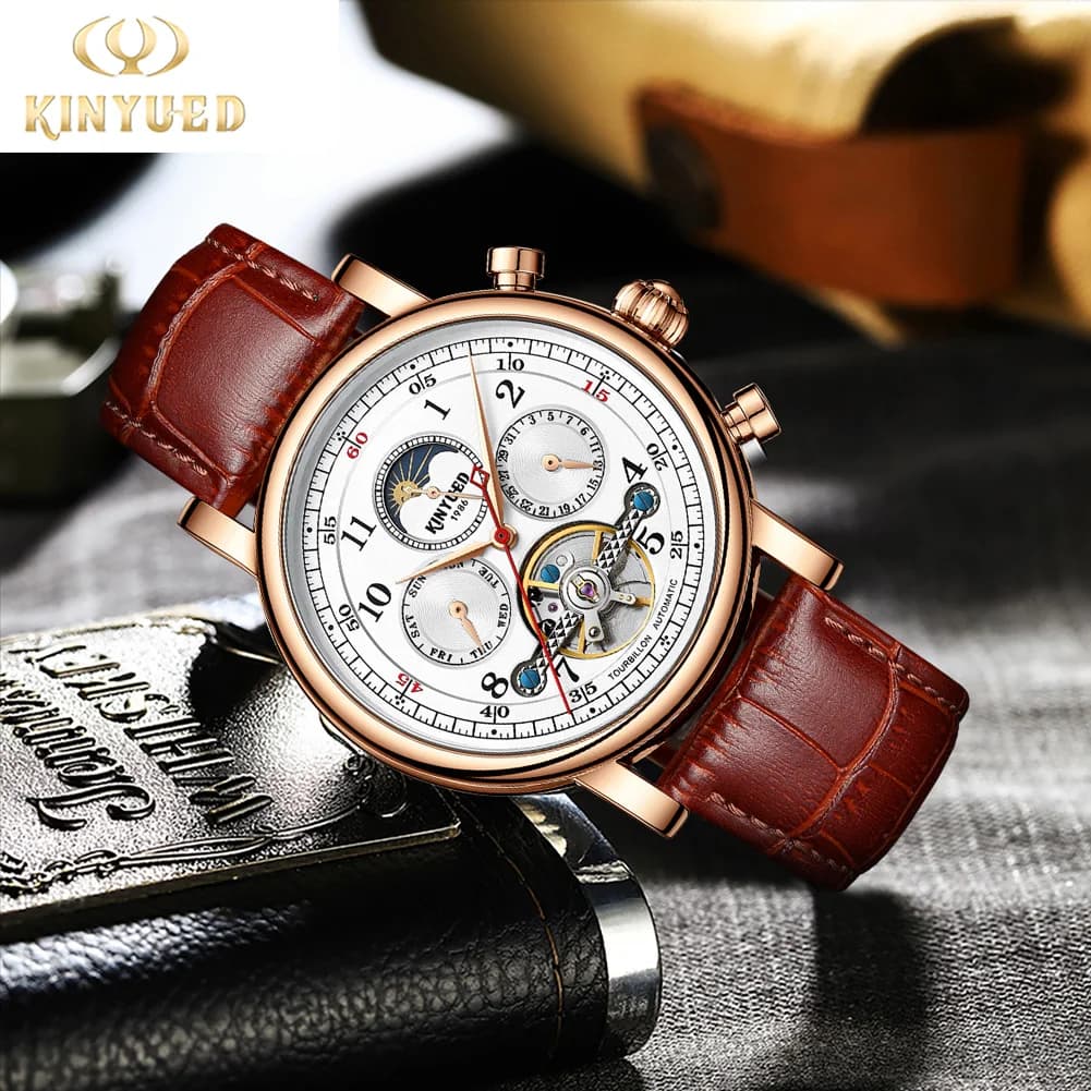 KINYUED Orologi di lusso da uomo Orologi meccanici automatici da uomo con fasi lunari Orologio da polso da uomo d'affari con cinturino in pelle dal design cavo