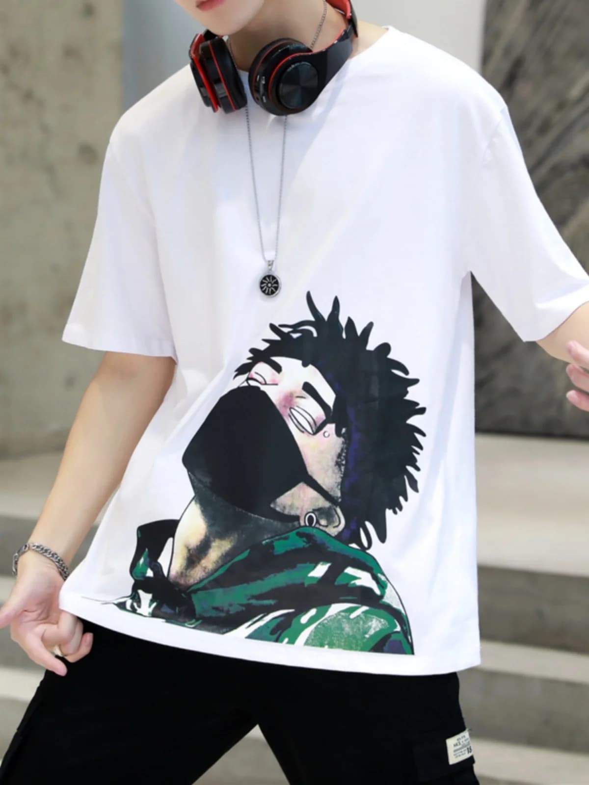 Loose Short Sleeve Ice Silk T-Shirt for Men Summer Trendy Brand Casual Hip Hop Print Cool Quick Dry Polyester Fiber Tee