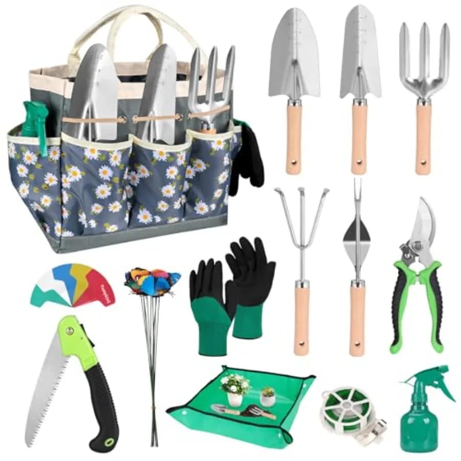 Set di Attrezzi da Giardinaggio Professionale da 62 Pezzi con Pala in Acciaio Inox, Tappetino per Ripotting, Cesoie da Potatura e Borsa Porta Attrezzi Resistente in Nero