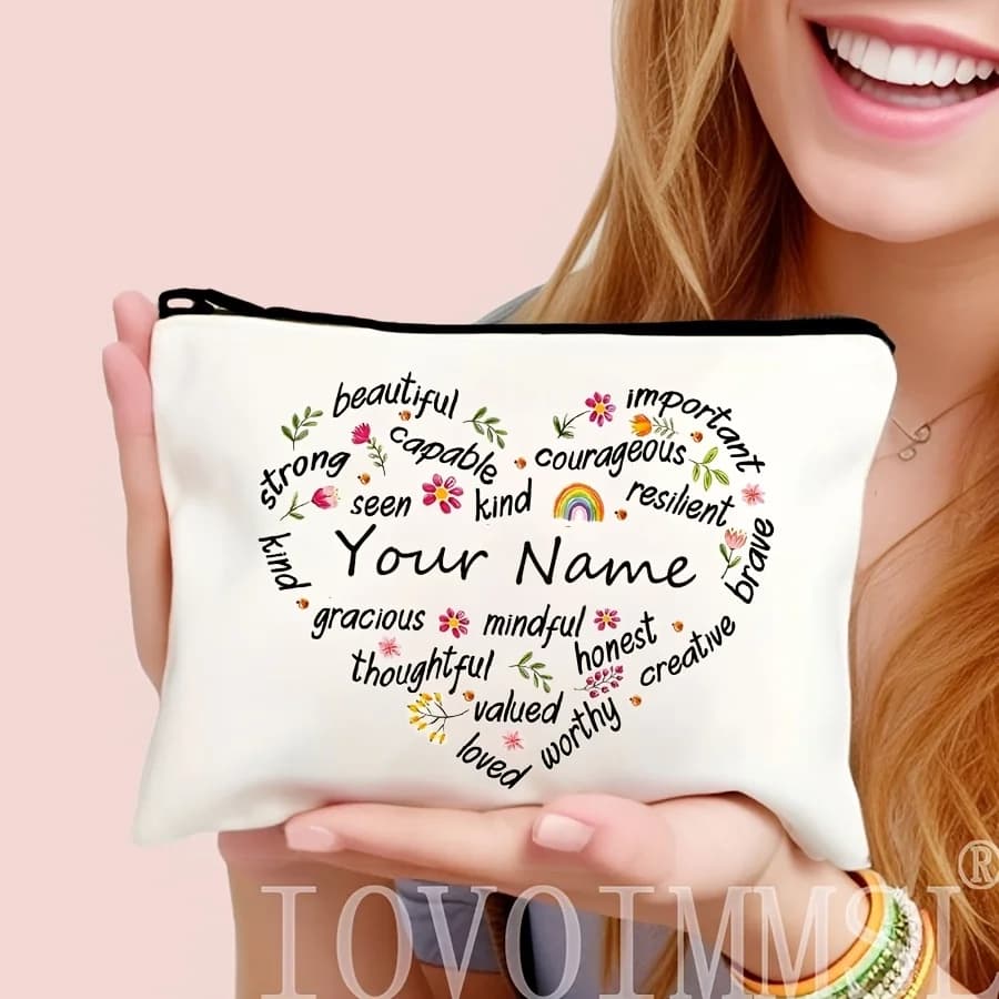 Makeup Bag Custom Name Personalized Floral Inspirational Quote Summer Seaside Vacation Themed Pattern Women's Travel Storage Bag
