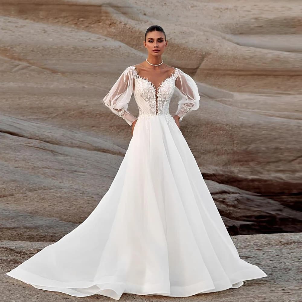 Affascinanti abiti da sposa con scollo a V con pizzo 2025 A Line Abiti da sposa per le donne Manica intera Organza Vestido De Novia 2025 Estate