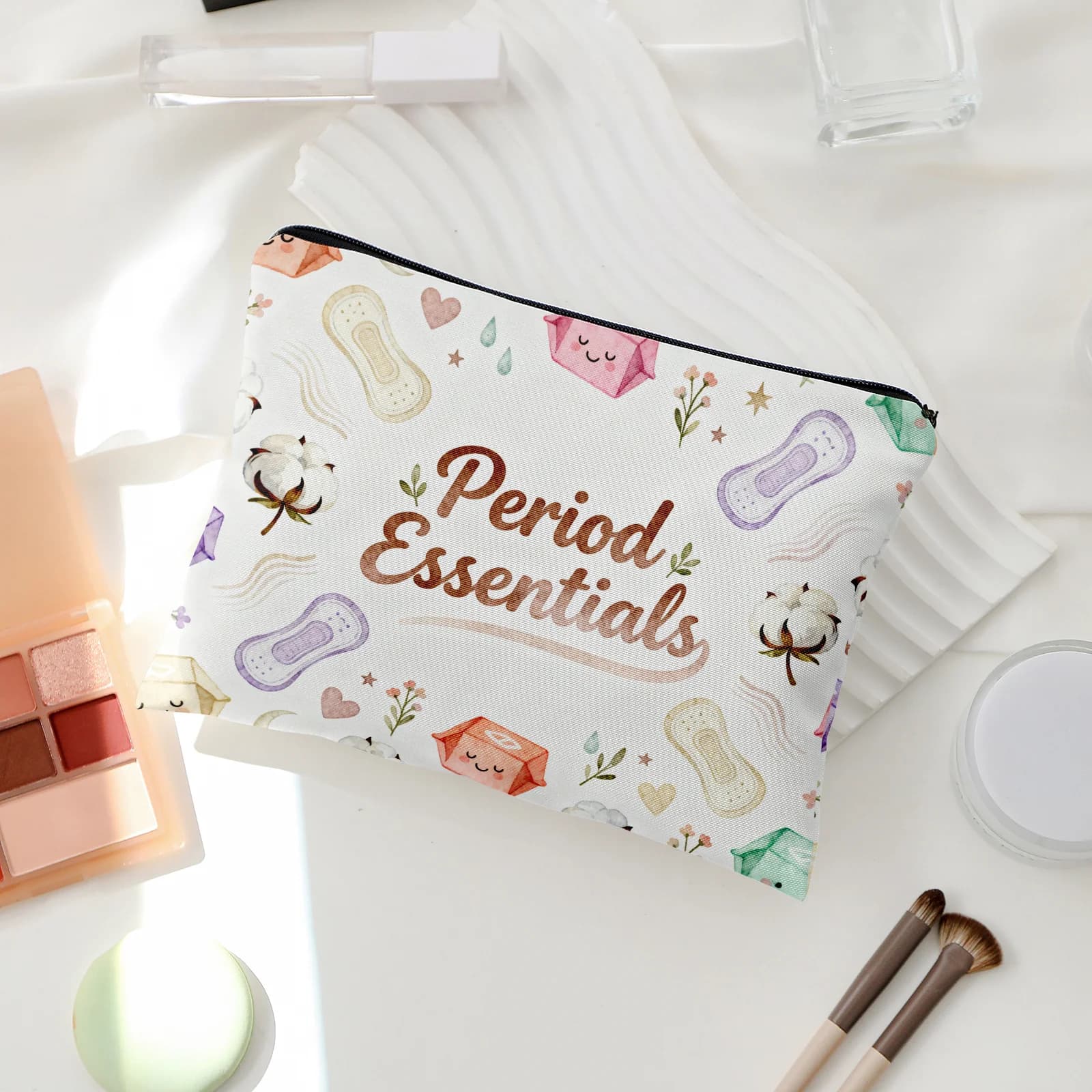 "Period Essentials" Lined Storage Bag Watercolor Sanitary Pad Pattern Makeup Pouch Travel Toiletry Bag with Lining Organizer