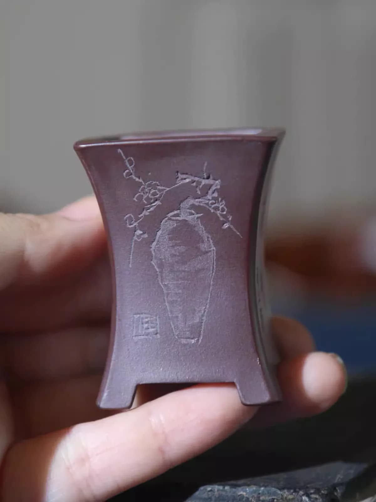 Ceramic Bonsai Pot ,Handmade Carved Vase , Purple Sand, Green Clay, Nature Color, Traditional Chinese Shape, Garden Decoration