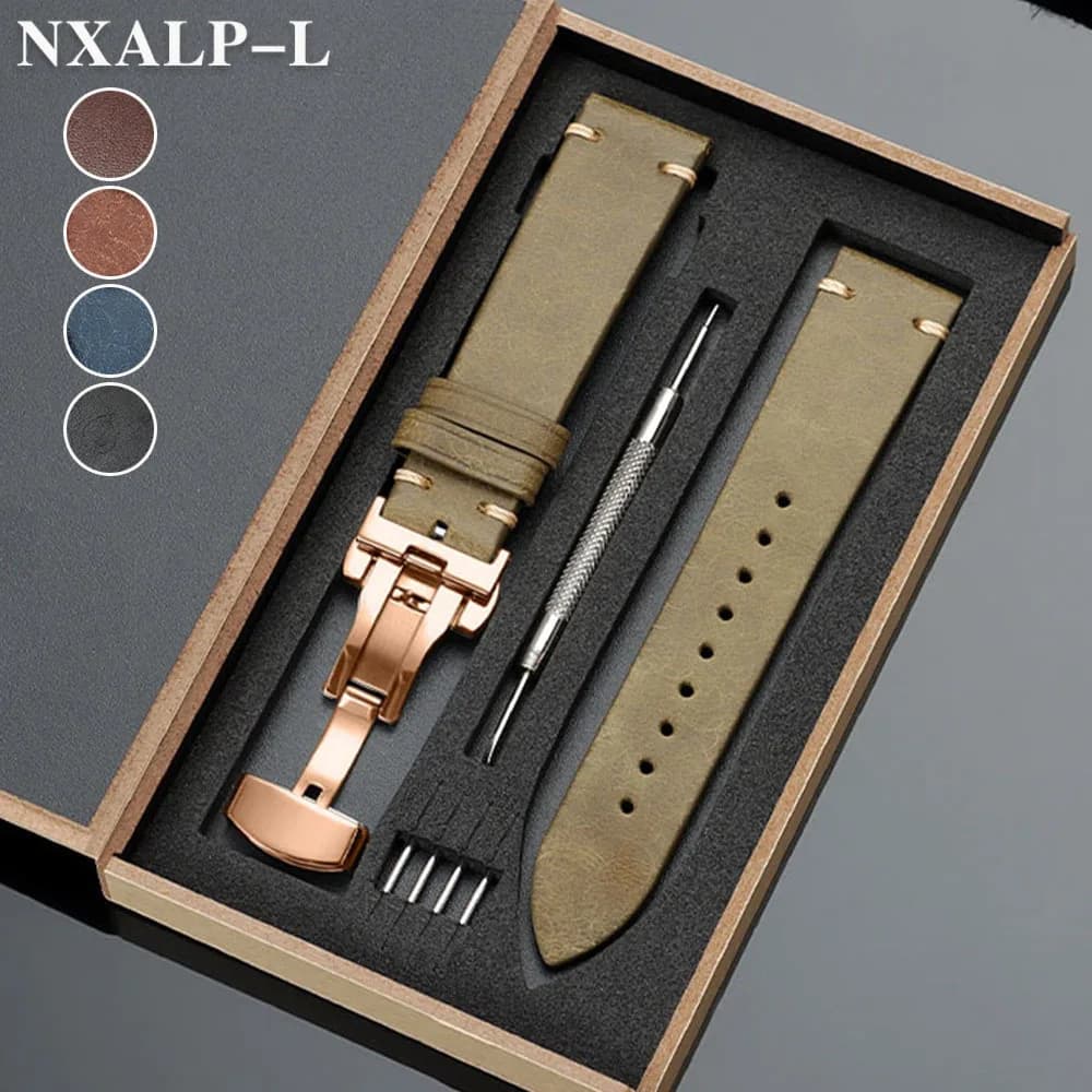 Cinturino in Vera Pelle 20mm 22mm con Scatola in Legno per Orologi Omega e Seiko, Bracciale in Pelle Bovina per Uomo e Donna, Chiusura a Farfalla