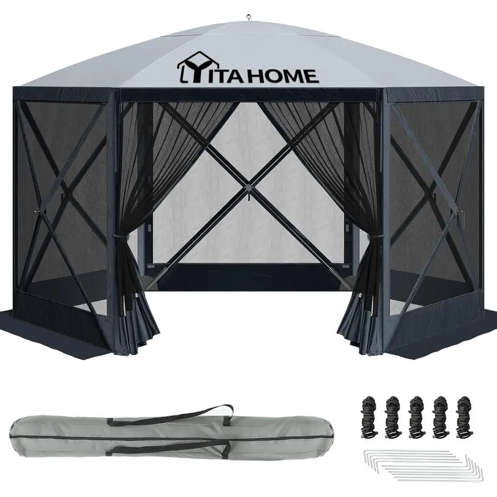 Gazebo da campeggio 11.5x11.5t, tenda portatile da esterno a 6 lati con finestre in rete e borsa per il trasporto, ideale per campeggio, picnic, feste in giardino