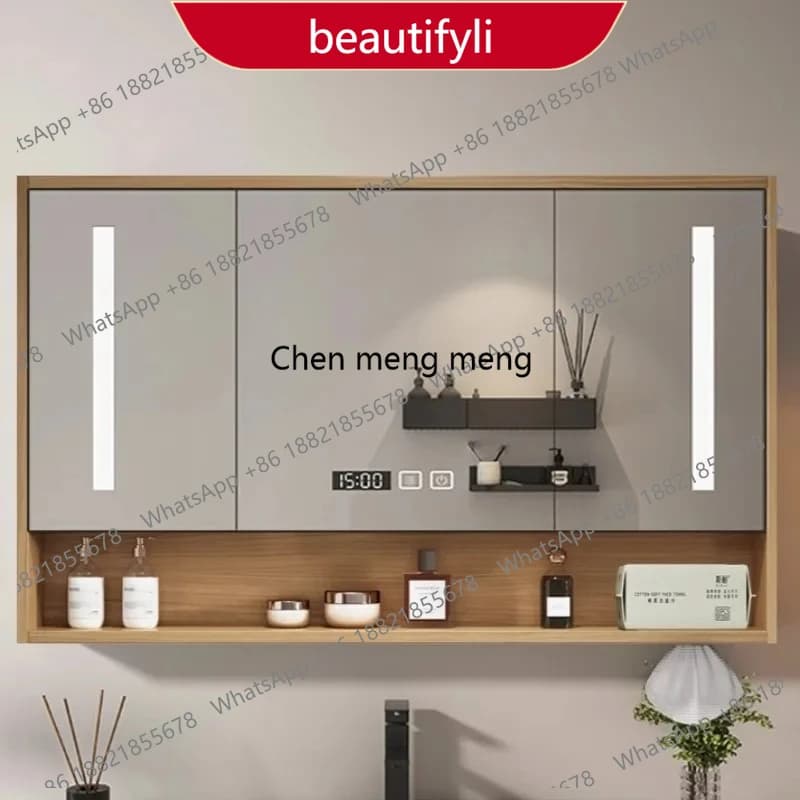 01A Mobile Bagno Nordico in Legno Massello, Armadietto per Trucchi e Toilette, Armadietto a Specchio LED Antiappannamento da Parete per Casa