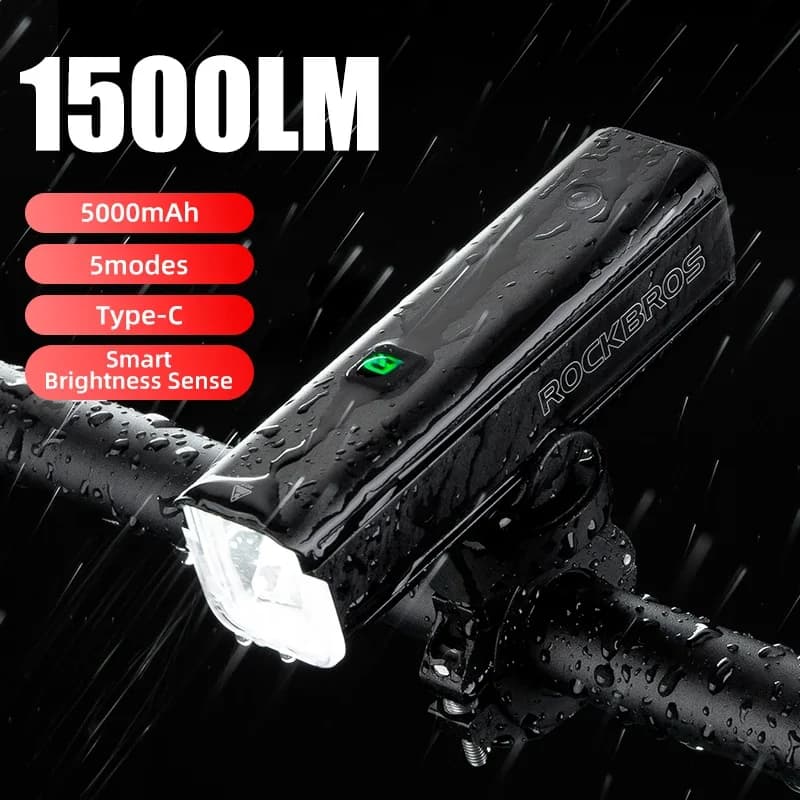 ROCKBROS Bike Light 1500LM 5000mAh Bicycle Light IPX6 Aluminum Type-C Rechargeable Smart Brightness Sense Adjust Bike Lamp