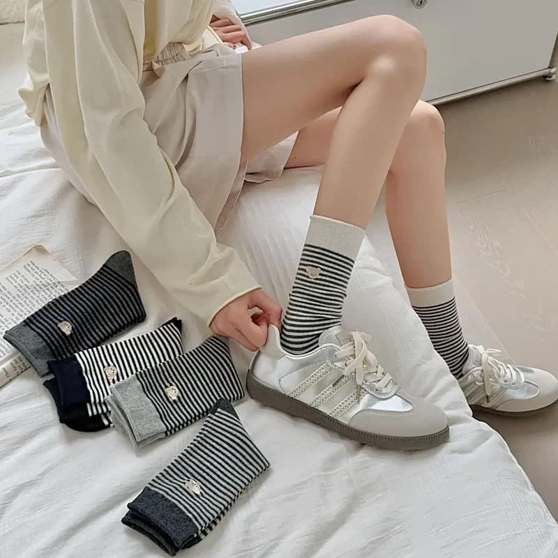 2026 Spring Summer Striped Socks for Kids Bear Embroidered Stacking Socks Simple Instagram Cute Japanese Literary Versatile