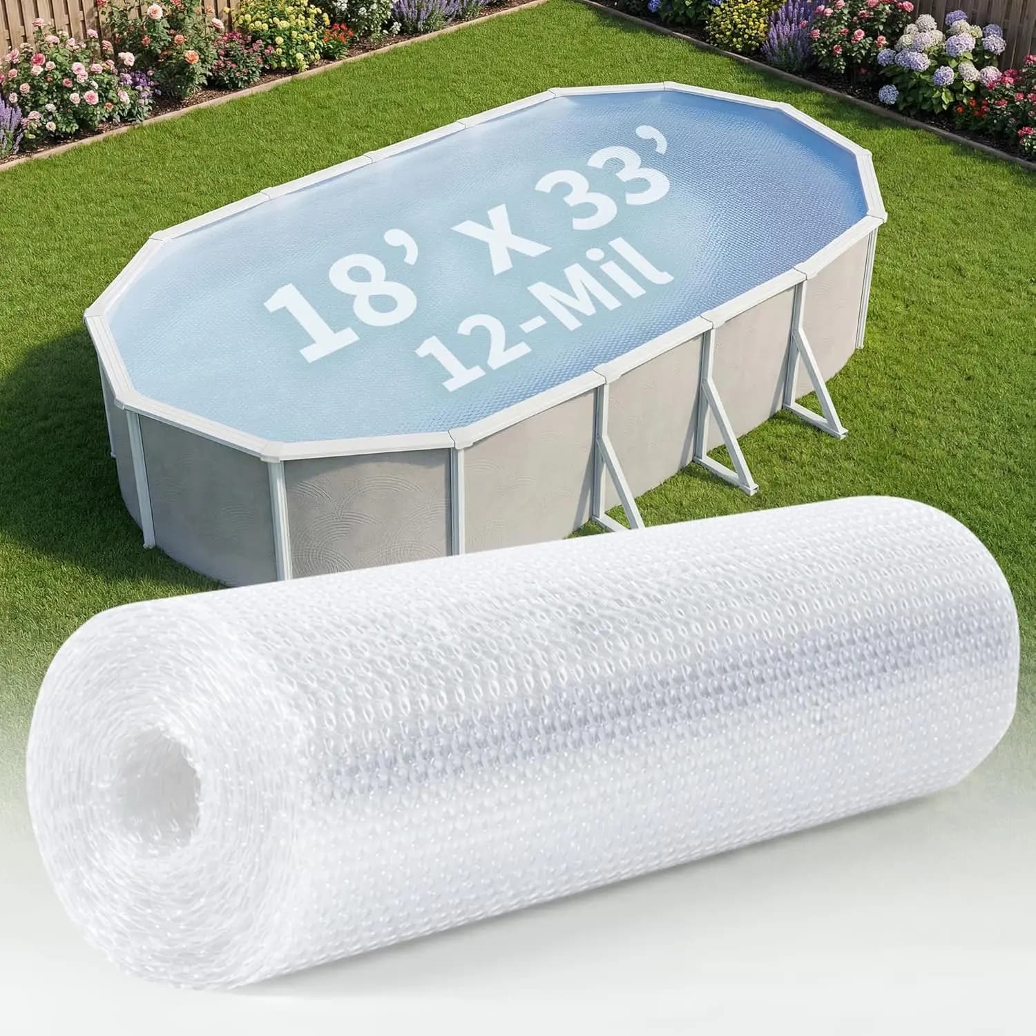 Copertura Solare Ovale per Piscina 18x33 piedi, Trasparente 12-Mil – Telo Solare Termico a Bolle per Piscine Fuori Terra, per il Mantenimento del Calore e Rosso