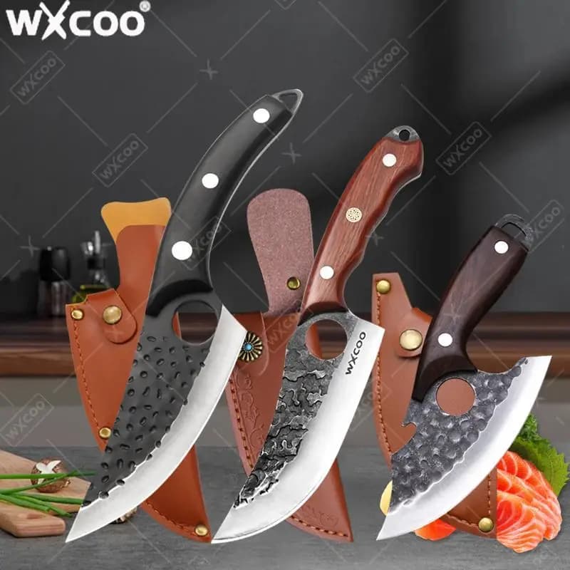 WXCOO Coltello da cucina per disossare per cucinare Coltello da chef forgiato a mano per uso domestico Manico in legno Coltello da macellaio apribottiglie multifunzionale