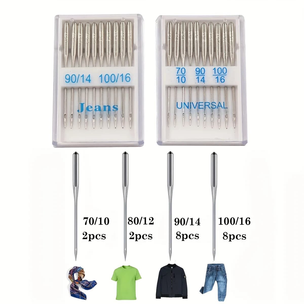 Set di aghi universali per macchina da cucire da 20 pezzi - 70/10 90/14 100/16 Dimensioni assortite per seta, cotone, jeans e multi-tessuto