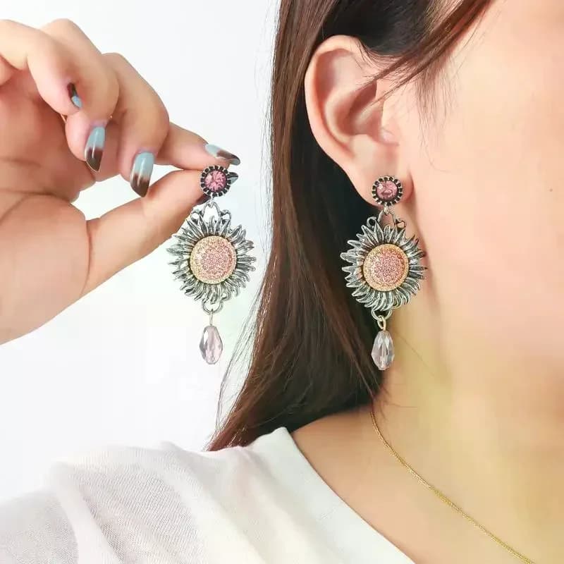 Women's Vintage Zircon Sunflower Bohemian Earrings Elegant Party Accessory Gift