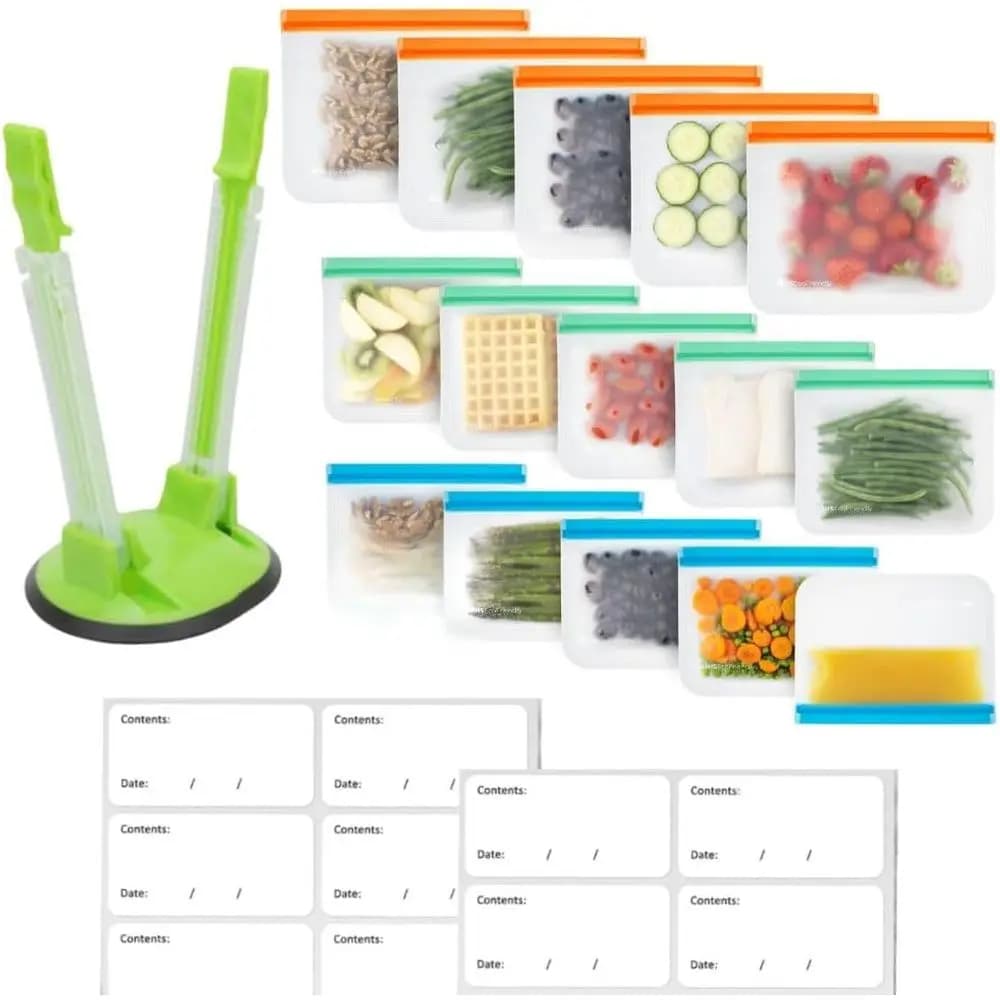 Sacchetti per Congelatore Riutilizzabili e Biodegradabili per Preparazione Pasti con Supporto e Etichette | Contenitori per Alimenti Senza BPA