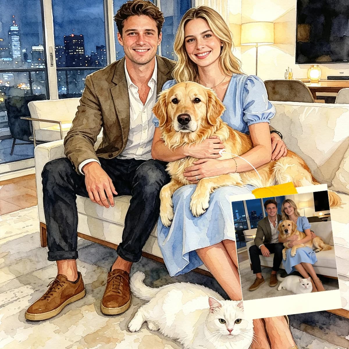 Custom Watercolor Portrait Poster Custom Family Photo Christmas Gift Cat and Dog Portrait Pet Memorial Wall Art Anniversary Gift