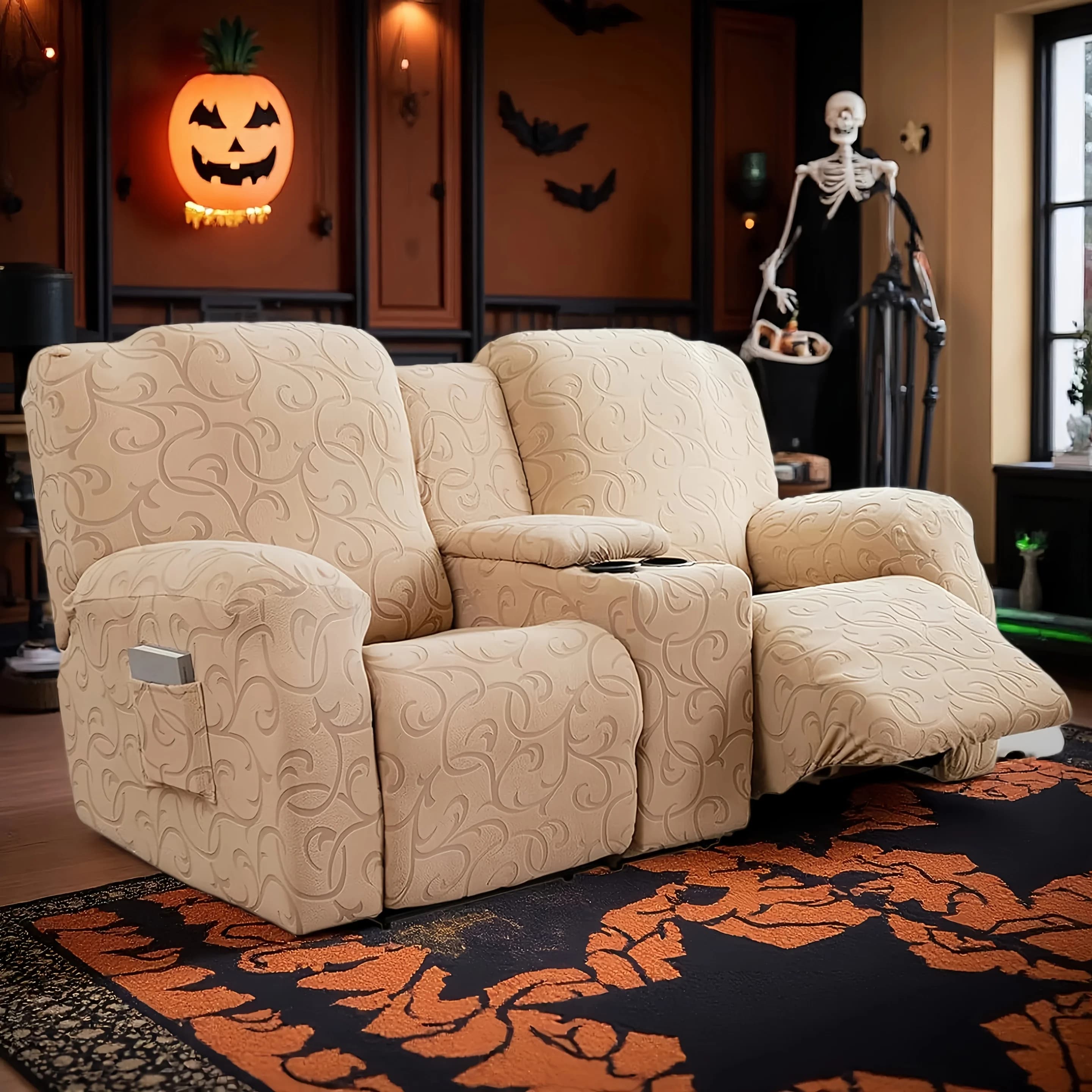 6pcs/set Crochet Patterned Lounge Chair Sofa Cover with Center Console Sofa Cover. Elastic Furniture Protective Cover Sofa Cover Made Of Soft And Washable Fleece Fabric High Elasticity Pet Friendly Home Decoration Essential Halloween Decoration JUYHGV