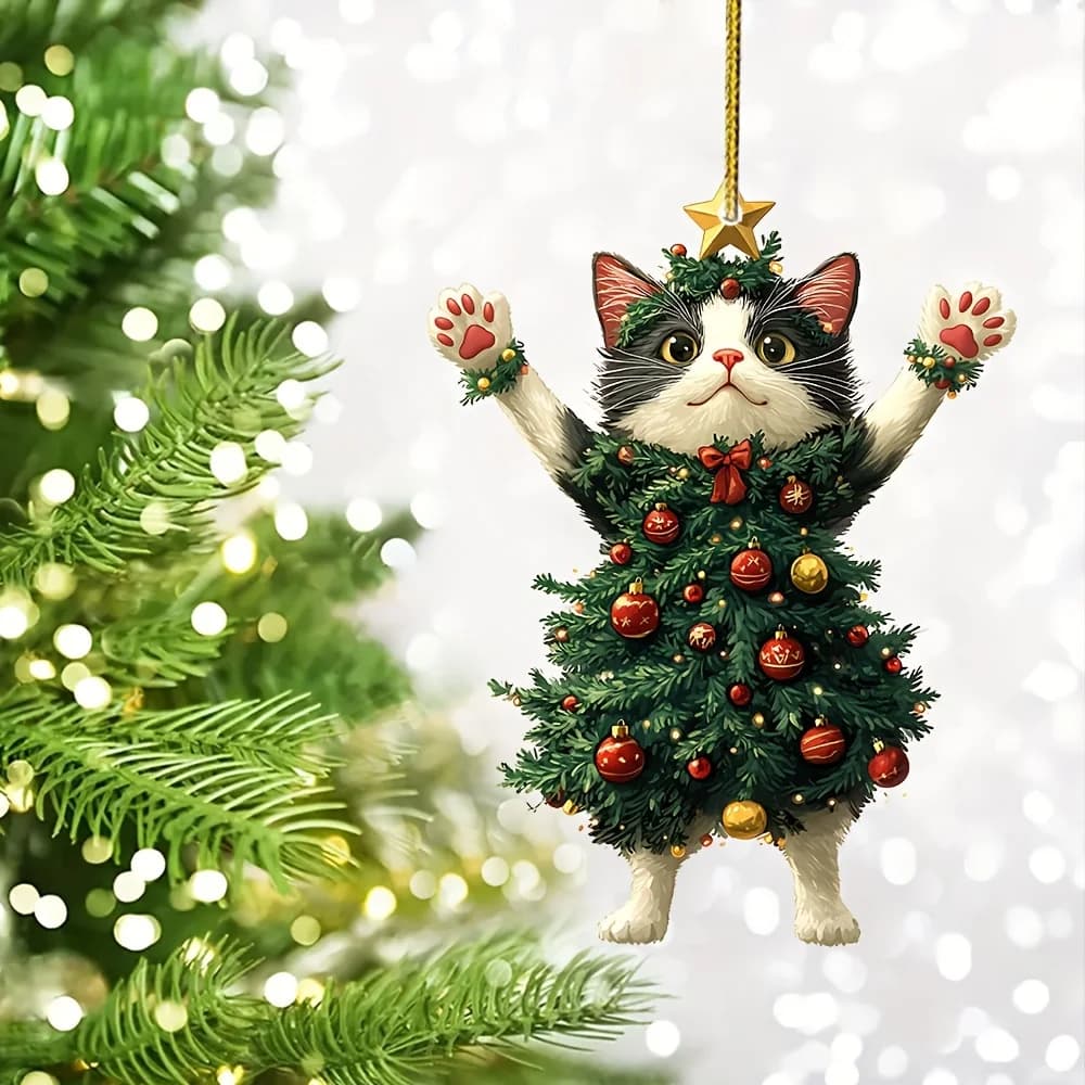 1 pezzo stravagante ornamento per albero di Natale con gatto acrilico - Ciondolo festivo per gattino 2D per borse, portachiavi, specchietti retrovisori per auto
