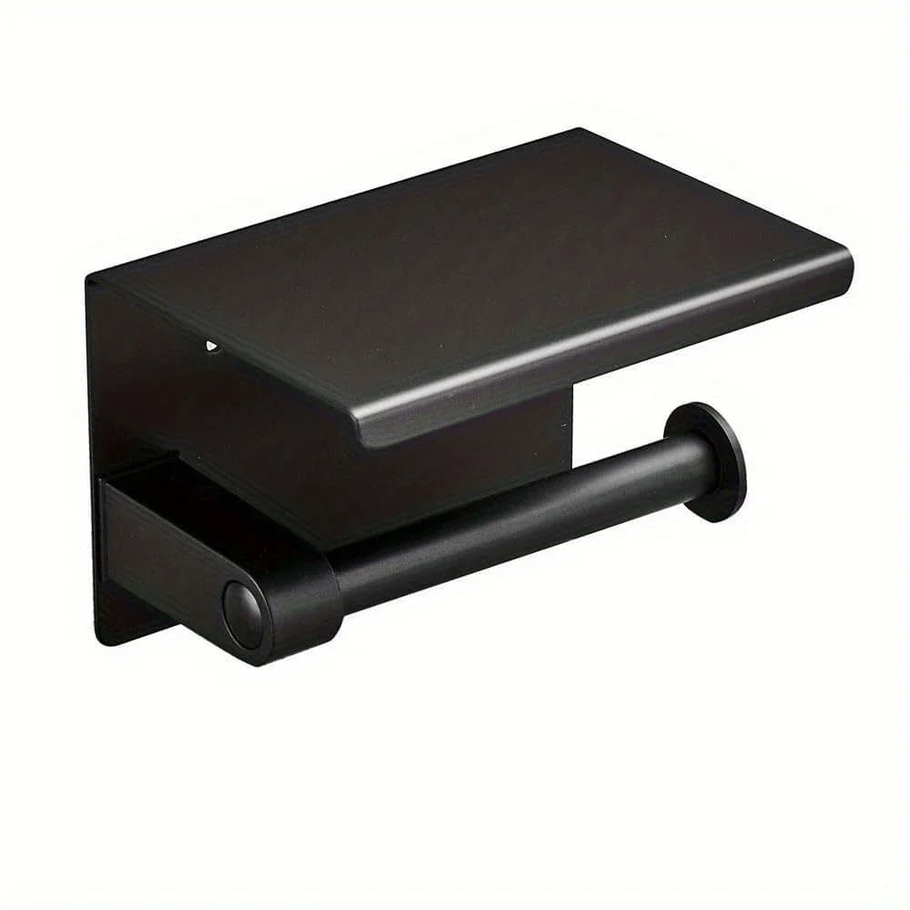 Toilet Paper Holder with Phone Shelf, Wall Mounted Stainless Steel Tissue Dispenser, Bathroom Single Roll Toilet Paper Holder