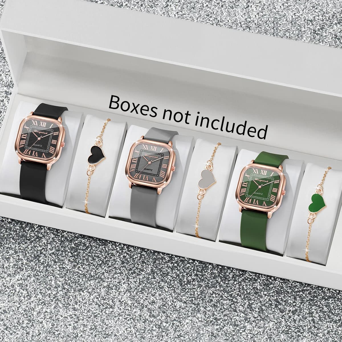 Set of 6 fashionable women's watches with square Rome dial, heart-shaped bracelets, casual silicone strap, Reloj Mujer quartz watch (without box)