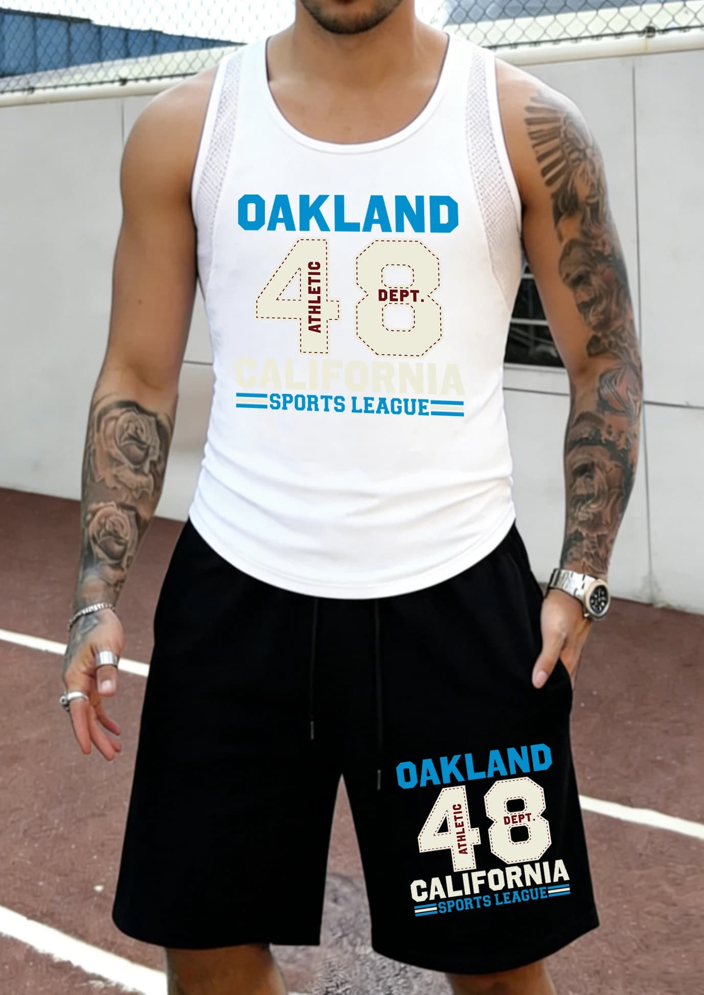 Set Gilet Estivo in Mesh da Uomo California Oakland 48 Prints, Asciugatura Rapida, Abbigliamento Sportivo da Palestra, Pantaloncini con Tasche per Uso Quotidiano, Pantaloncini Corti Hip Hop