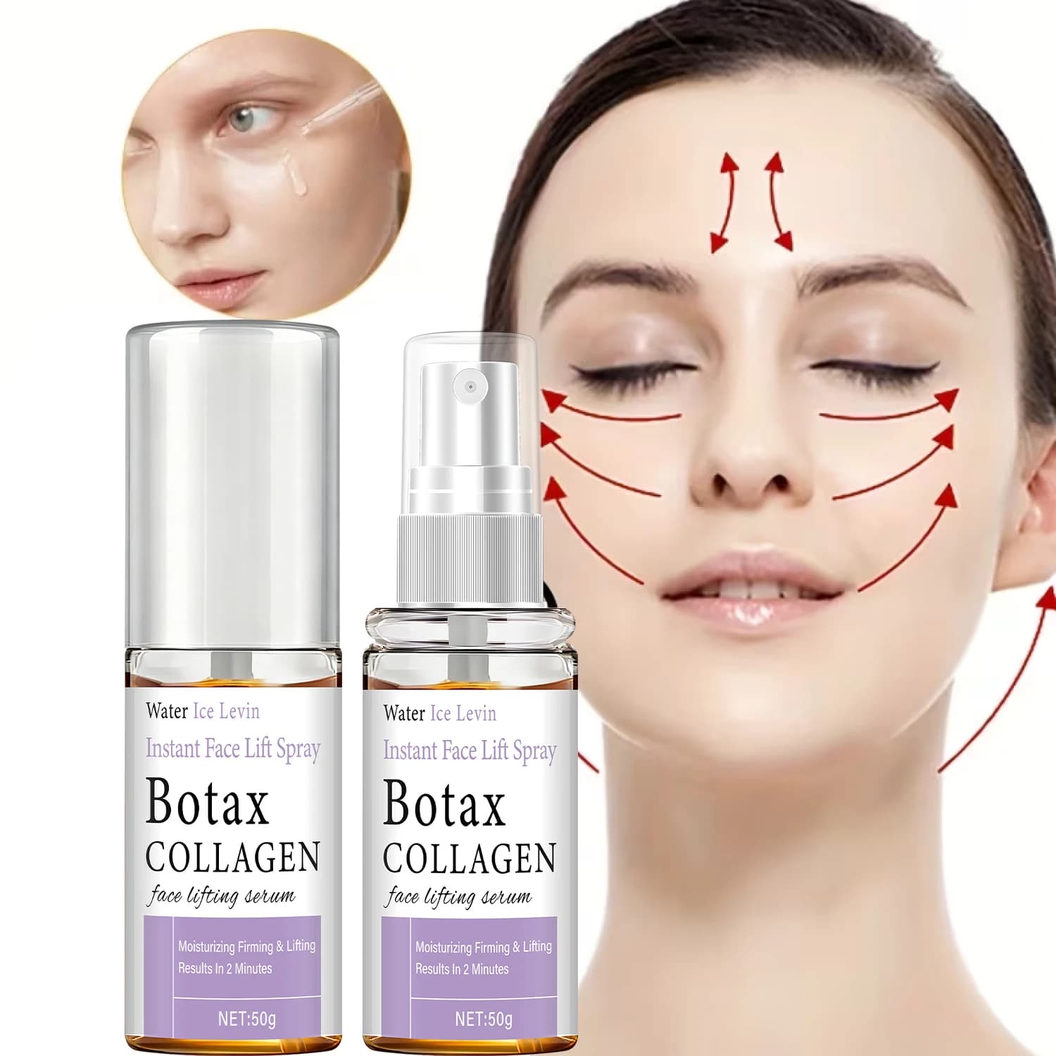 Instant Face Lifting Spray with collagen and hyaluronic Acid - Quick Action Satin Serum for Moisturizing and Lifting