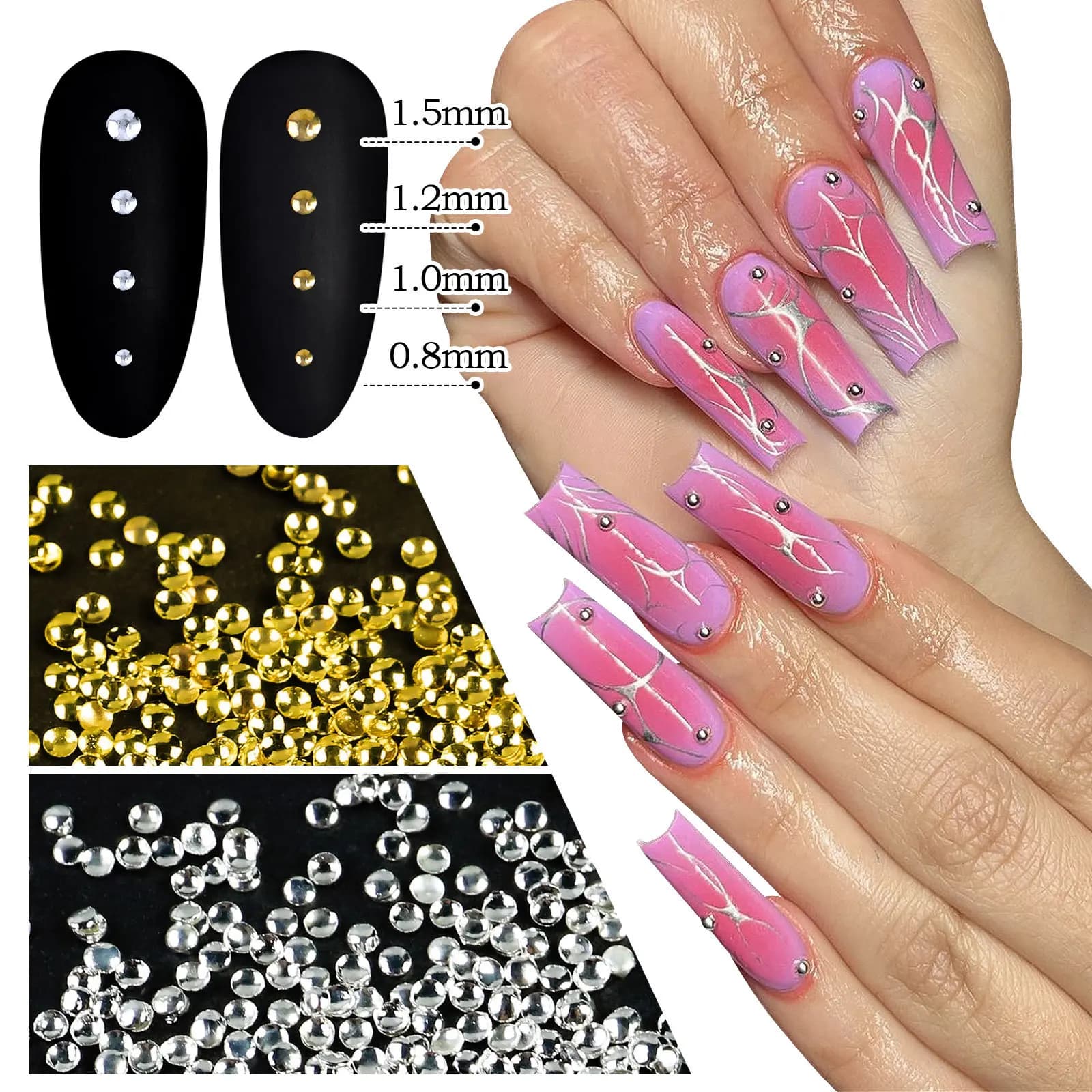 About 1000pc Nail Art Mini Stainless Steel Metal Beads Silver Gold Cable Small Micro Caviar Nails Beads 3D Kit Nail Decorations