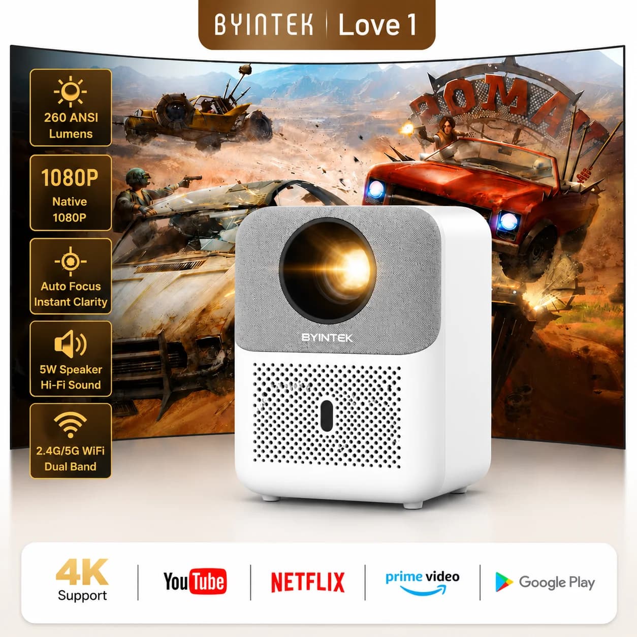 BYINTEK LOVE 1 U4 Smart Mini Home Theater Projector 4K 1080P Video Android WIFI for Smartphone Cinema
