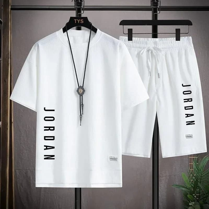 Nuovo Set Estivo Casual con T-shirt e Pantaloncini in Stile Waffle, Abbigliamento Sportivo da Uomo, Set Comodo per Giovani