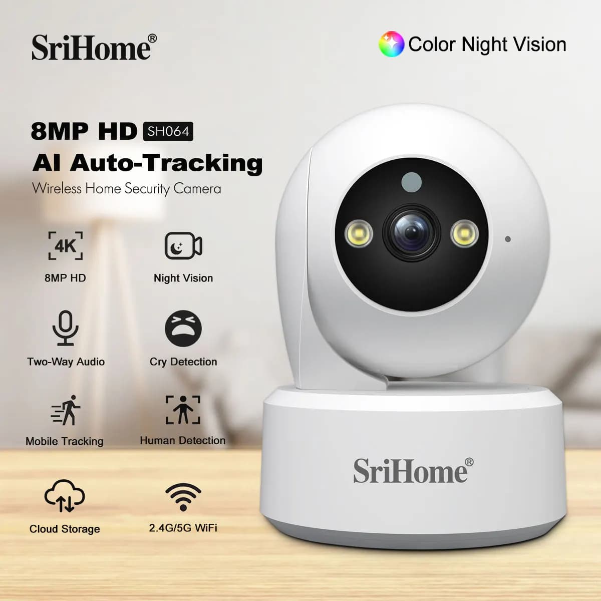 Nuovo Srihome 8MP IP WIFI Telecamera 2.4G e 5G WIFI PTZ Sorveglianza di Sicurezza HD Baby Monitor Visione Notturna Coperta Mini PTZ di Sicurezza CCTV