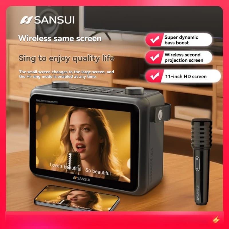 SANSUI Schermo LED Altoparlante Bluetooth multimediale da 7 pollici con testi sottotitoli Macchina per karaoke intelligente Altoparlante video musicale TF USB