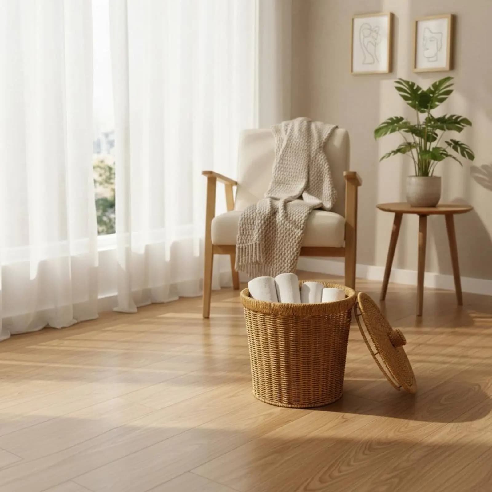Cestino in Rattan Sintetico con Telaio Rinforzato, Cesto Rotondo in Vimini con Manici, Facile da Pulire per Soggiorno e Bagno