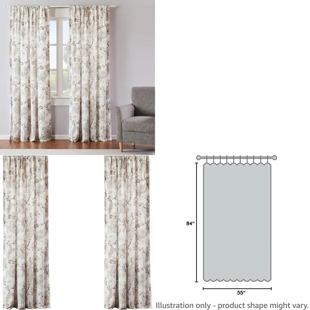 Coppia di tende in rayon floreale grigio tortora, 55x84 pollici, tasca per asta, set di 2