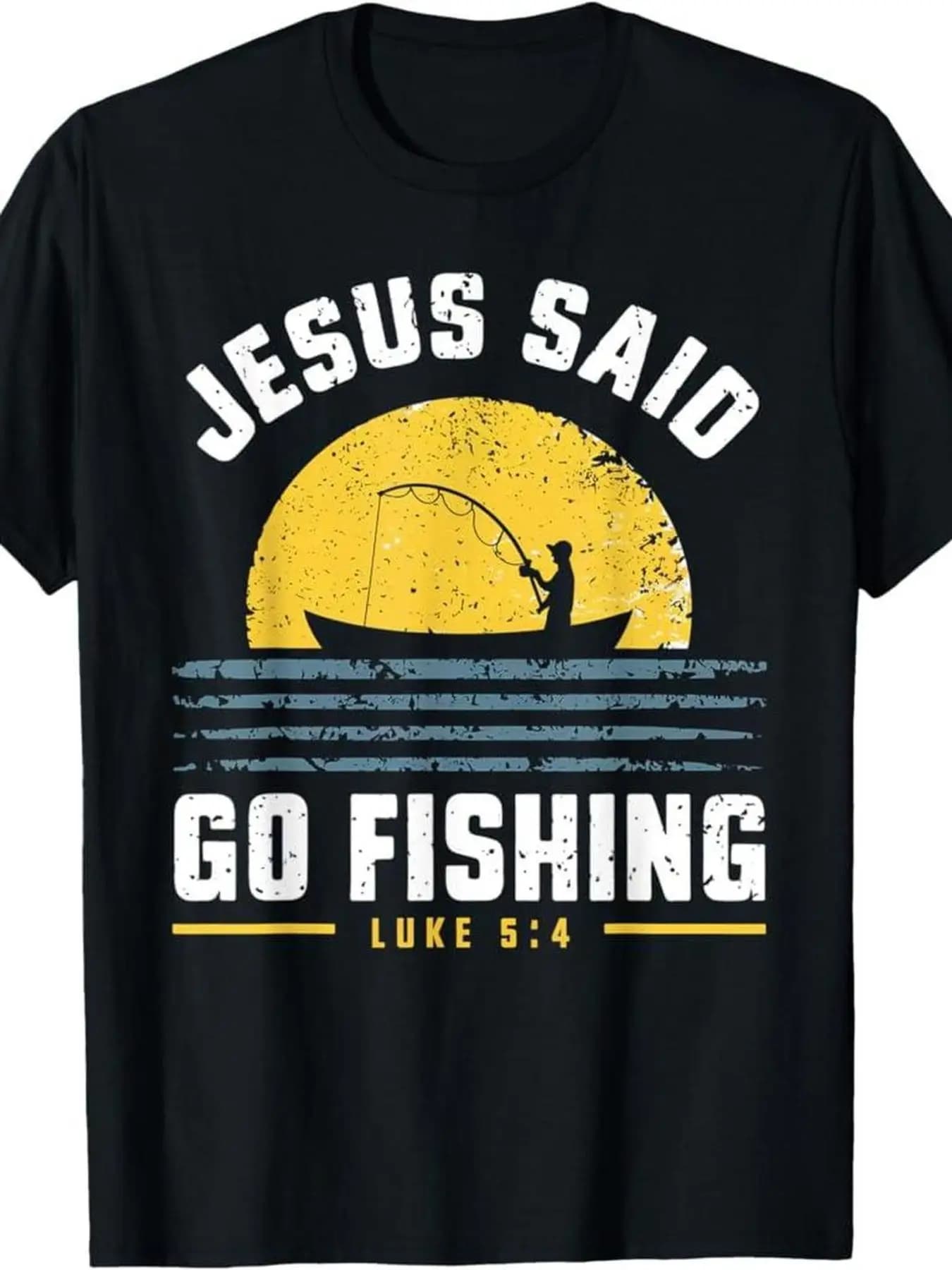 T-shirt con la scritta 'Jesus said to go fishing' e il versetto della Sanza Biblica LUCRE 5:4, nera con stampa bianca/gialla
