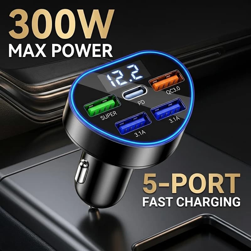 5-Port Car Charger with LED Voltage Display, PD and QC3.0 Fast Charging Adapter, Stable Multi-Device Auto Charger For iPhone 17