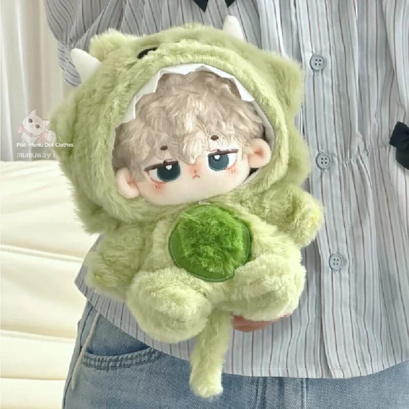 Adatto per bambole di cotone da 20 cm, pantaloni interi in peluche con cappuccio invernale con motivo animale sfocato, set invernale in stile simpatico dinosauro/gatto, per bambole di peluche.