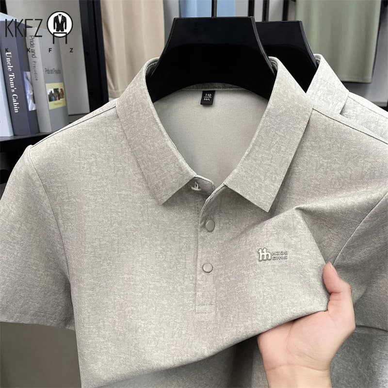 Office casual short sleeve polo t shirt for men all over subtle letter print lapel wrinkle free lightweight commute wear