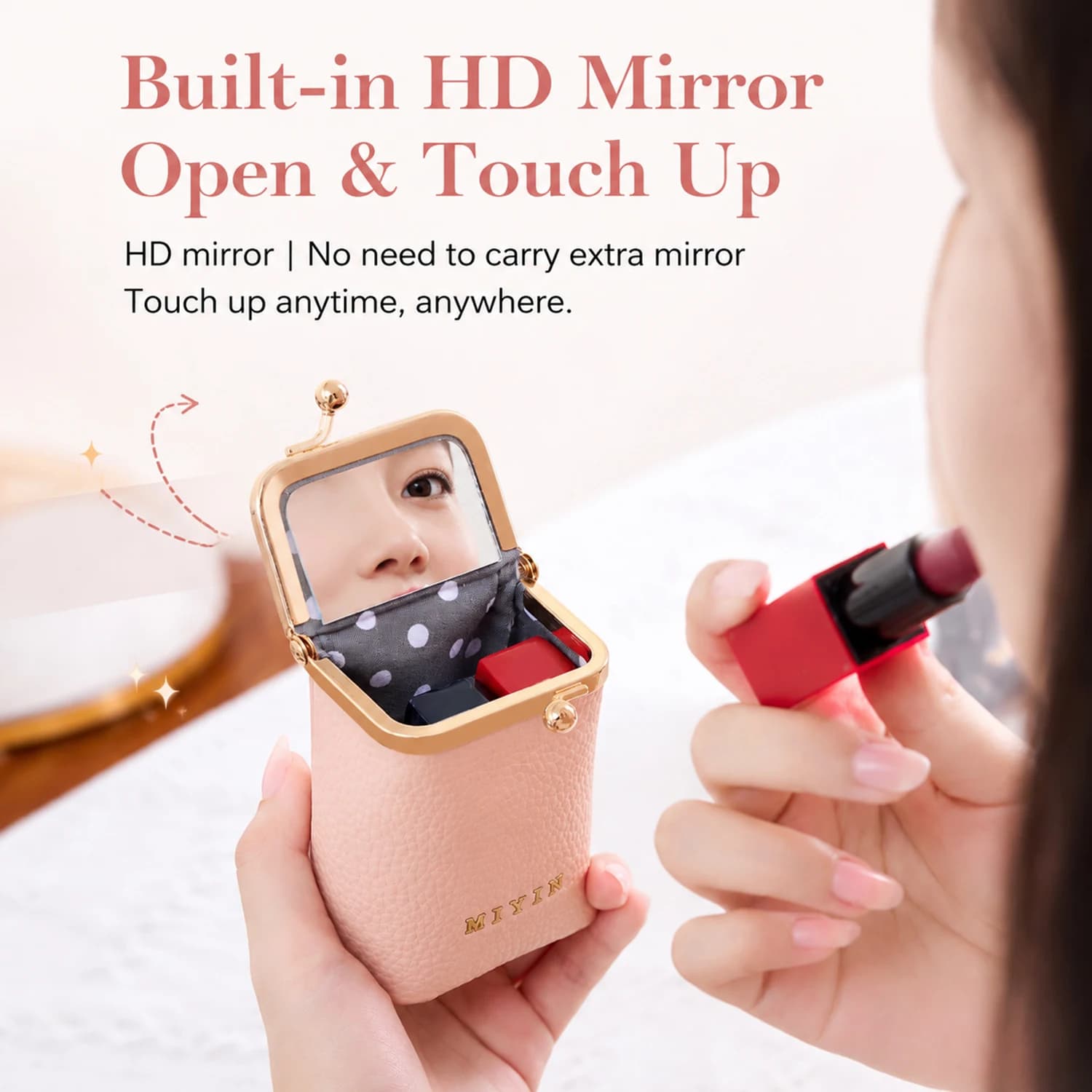 Luxury style mini portable women's lipstick organizer also functions as a jewelry earphone and coin purse with a built in mirror