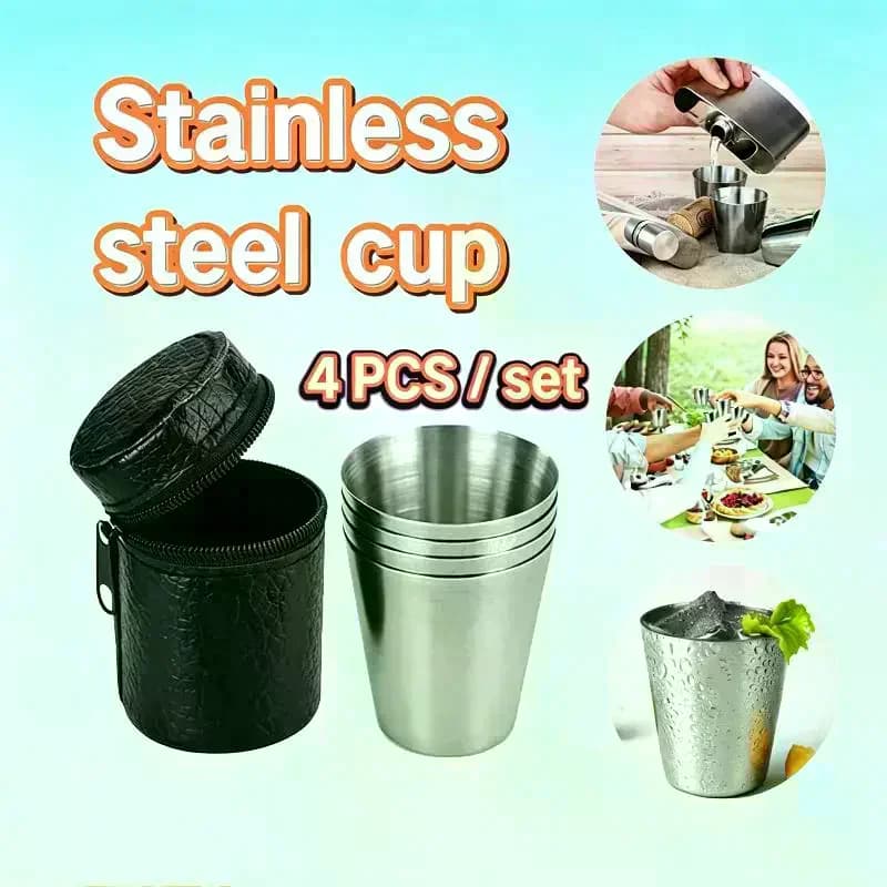 4pcs/set 30ML Stainless Steel Cups Set Outdoor Portable Mini Glasses With Leather Case