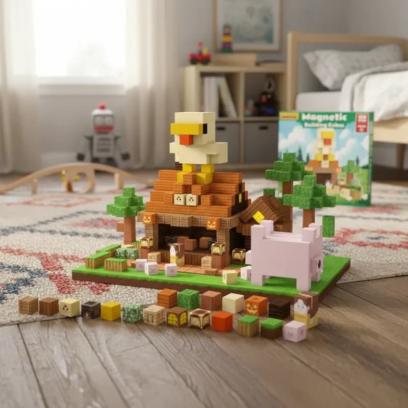 Set di Blocchi Magnetici in Legno per Costruire una Casa con Polli, Giocattoli Creativi STEM, Decorazione da Tavolo Fai-da-Te, Regalo per Bambini e Bambine