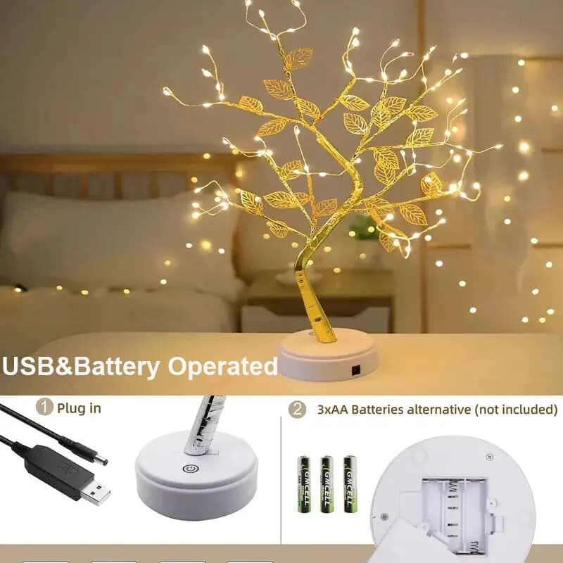 Golden Leaf 72 Led Touch Filo di rame Luce notturna Albero Luce Scatola batteria Stringa di luce USB per la decorazione domestica