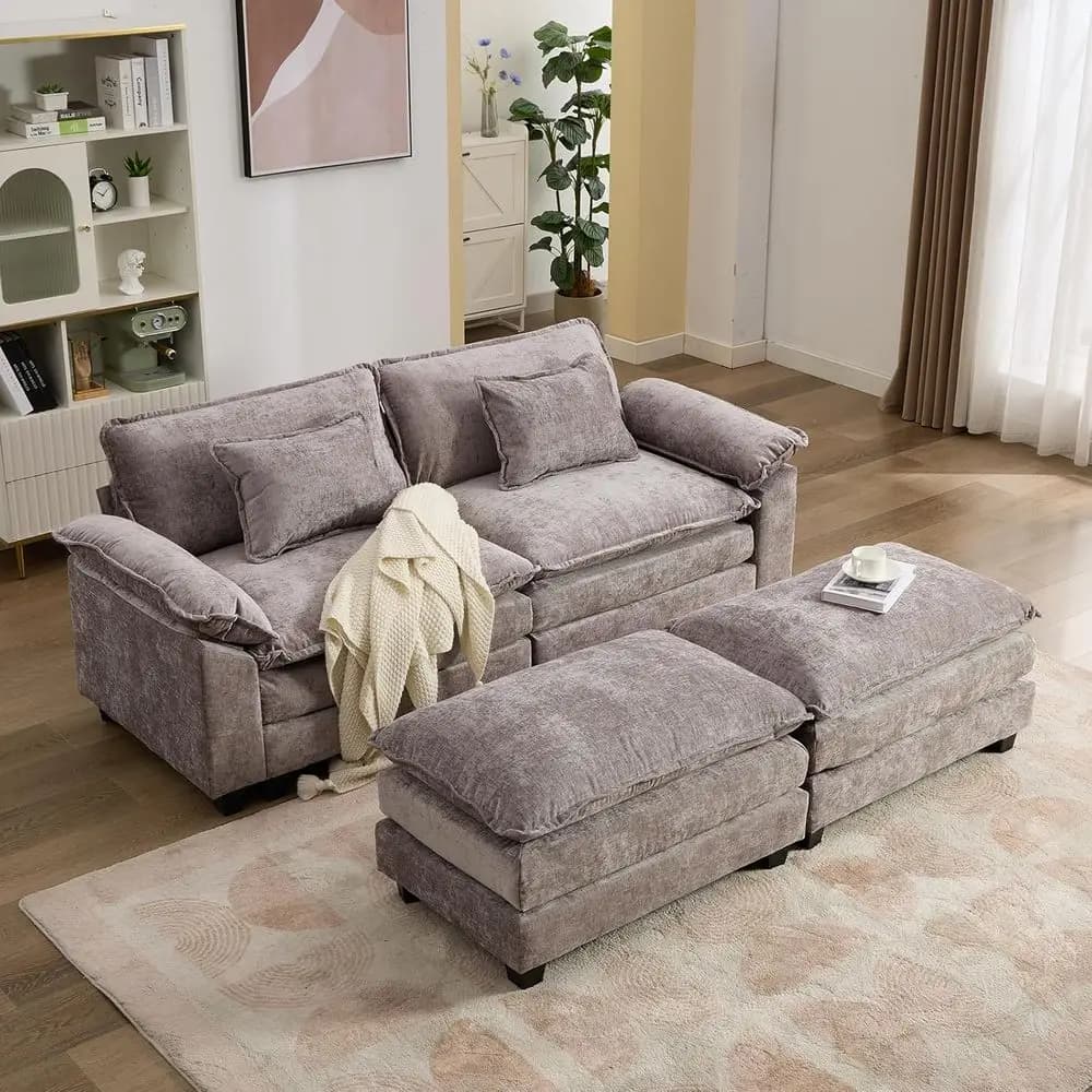 Divano componibile a 2 posti rivestito in ciniglia con pouf, cuscini lombari, grigio chiaro | Seduta profonda, tessuto traspirante, alta resistenza