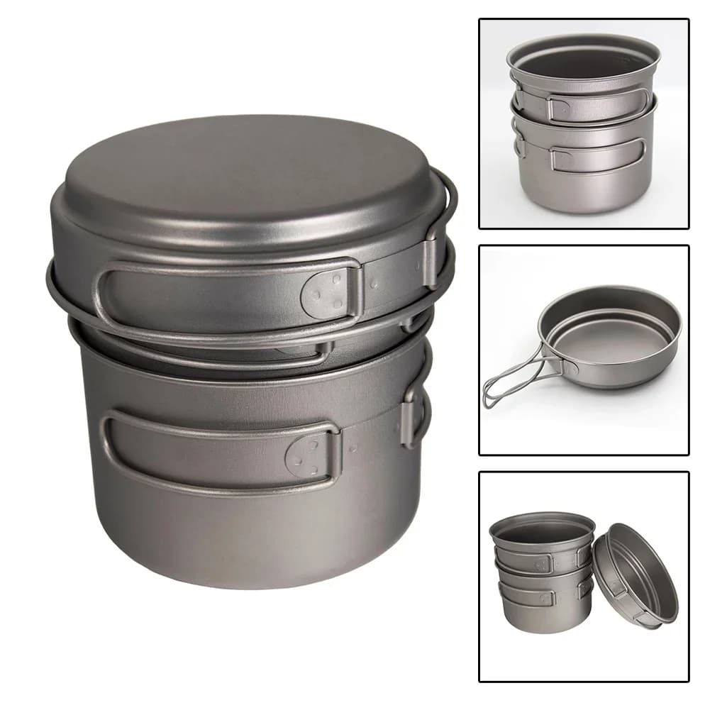 Set of ultralight outdoor camping bowls Pure Ti Pan Set of pots with foldable handle Paddle bowl for camping with backpack