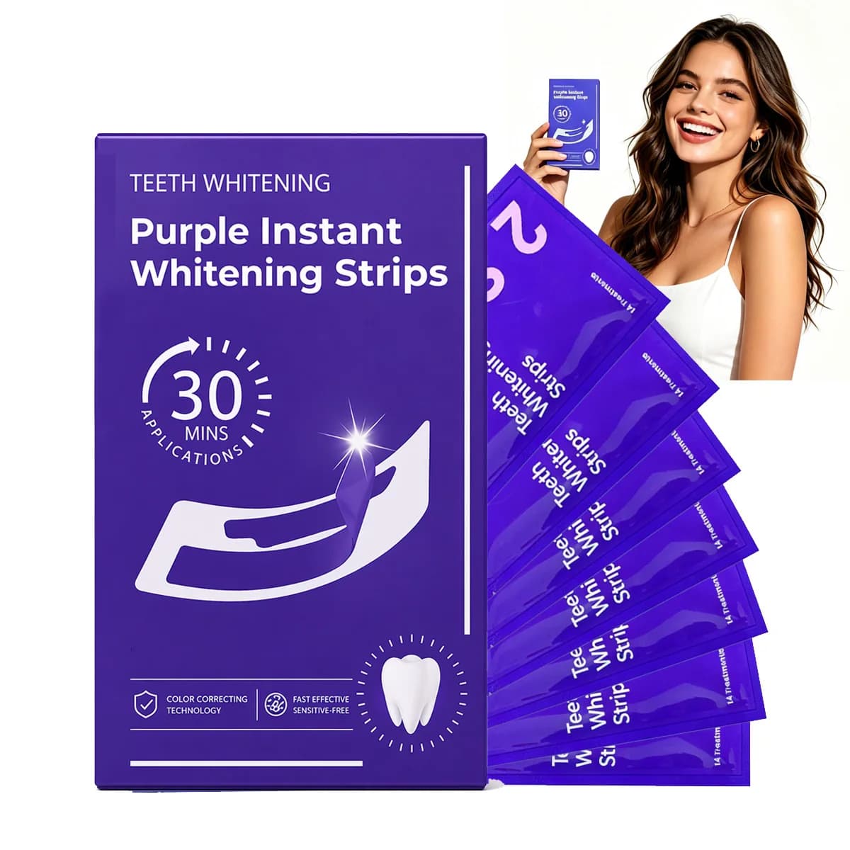 Strisce Sbiancanti per Denti Viola, 14 Strisce per 7 Giorni, Sicure per lo Smalto e Denti Sensibili, Sbiancano i Denti, Rimuovono le Macchie Gialle