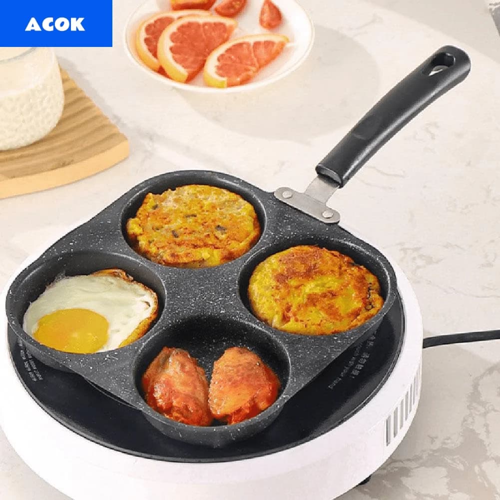 Padella per frittata in ferro antiaderente con quattro scomparti per pancake Adatta per piastre a gas e piastre a induzione Cottura con manico curvo