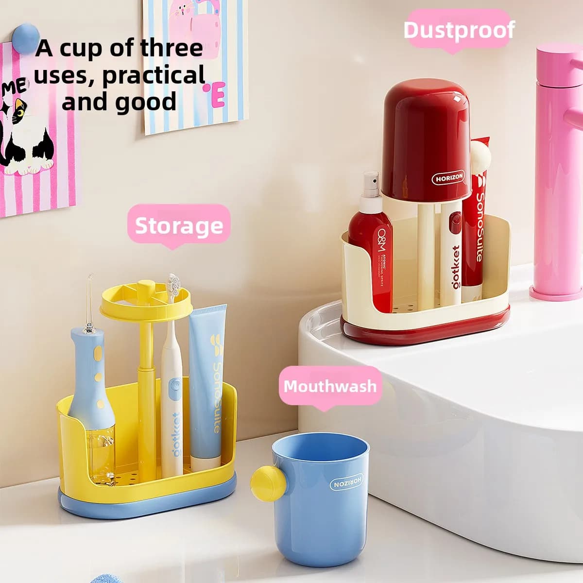 Student Dormitory Dopamine Household Toilet Cup Holder Household Dustproof Toilet Cup Set Toothbrush Holder,Adjustable Height