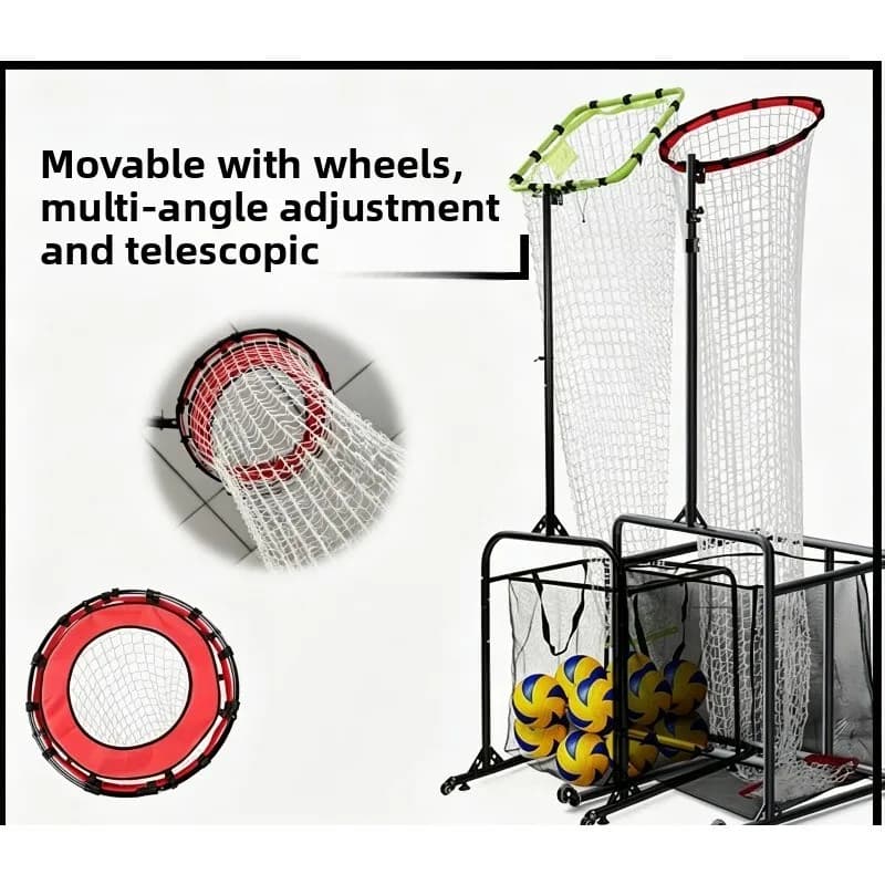 Volleyball Rebounder Frame Adjustable Height Angle Mobile Training Net Ball Collector Cart Solo Practice Indoor Outdoor Sports