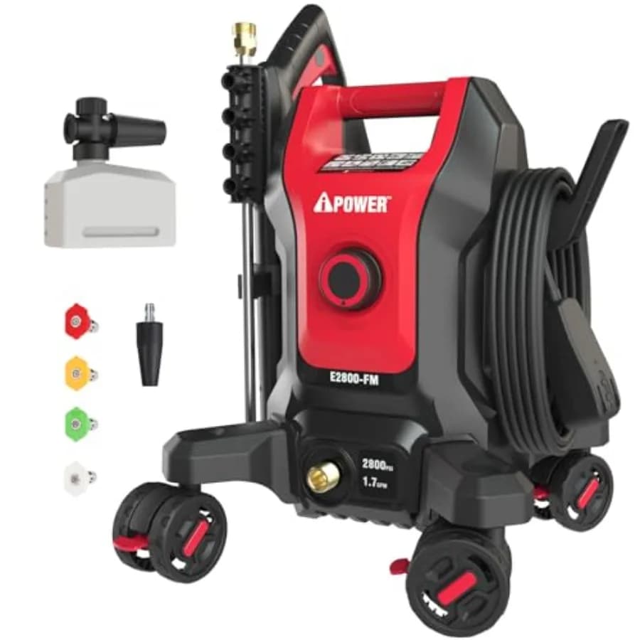 Idropulitrice Elettrica Follow Me 2800 PSI Max 1.7 GPM con Design Anti-Ribaltamento, 5 Ugelli e Dispenser Sapone per Recinzioni e Vialetti