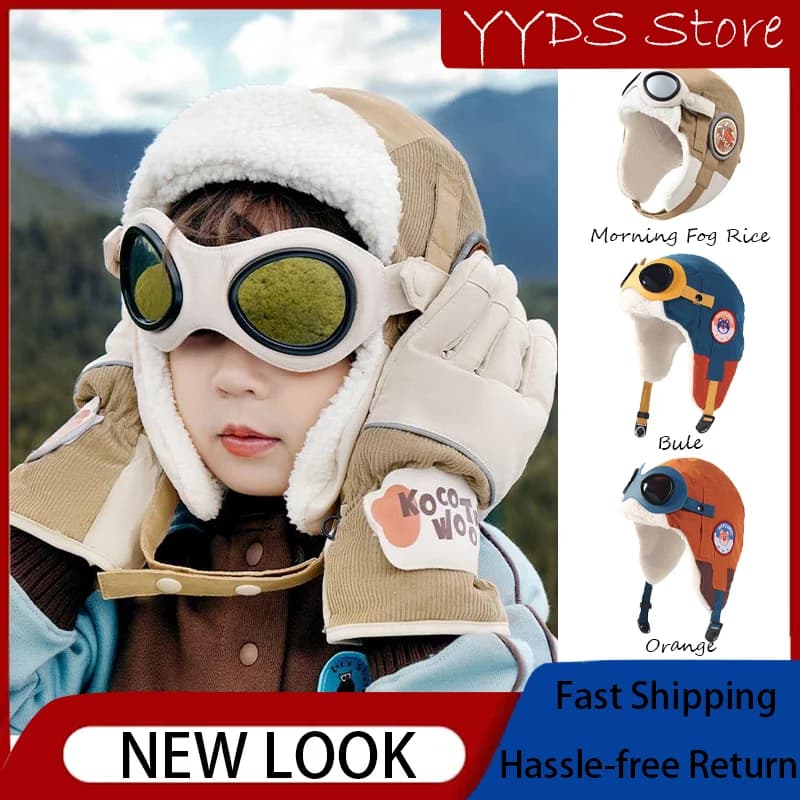 Cappello da pilota invernale in pile per bambini con occhiali - Berretto da sci con paraorecchie caldo antivento per abbigliamento da esterno per ragazze