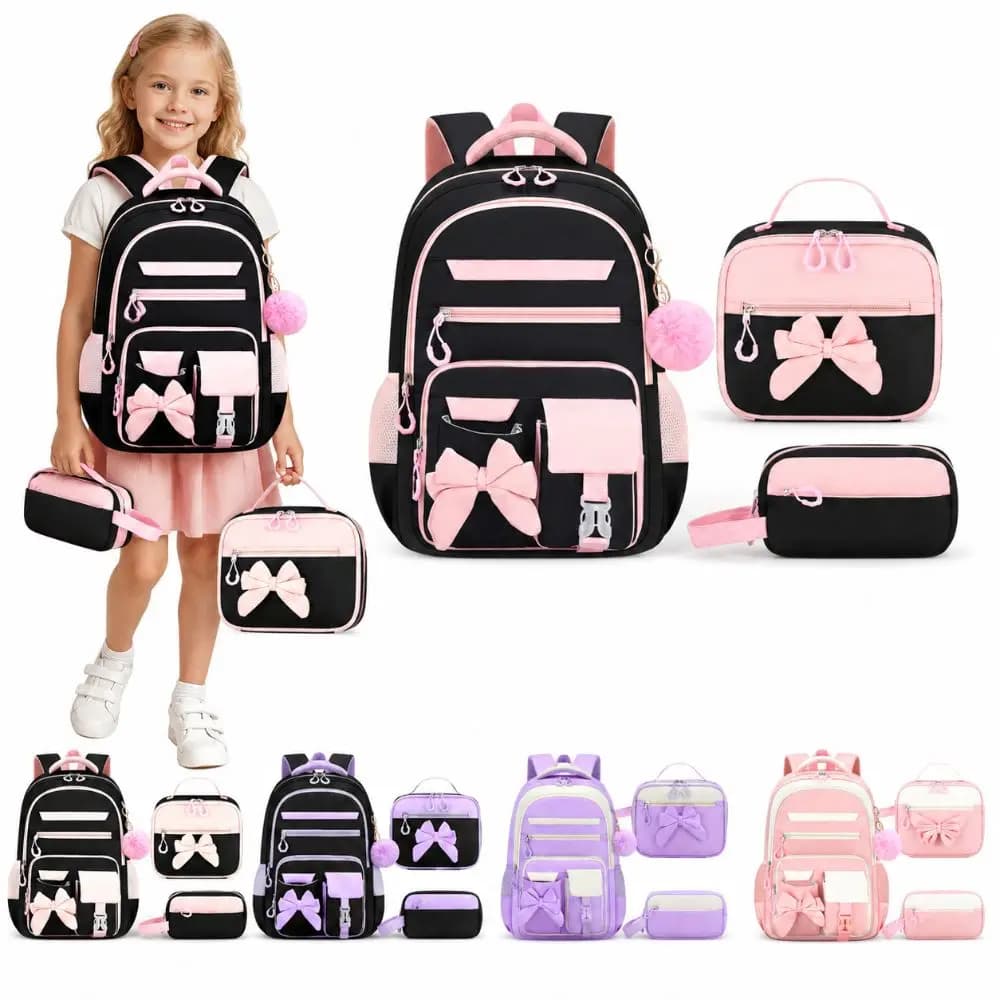 3PCS Cartoon Backpack,lunch Bag,Pencil Case Set Oxford Cloth Large Capacity Bow-knot Schoolbag Set Lightweight Waterproof