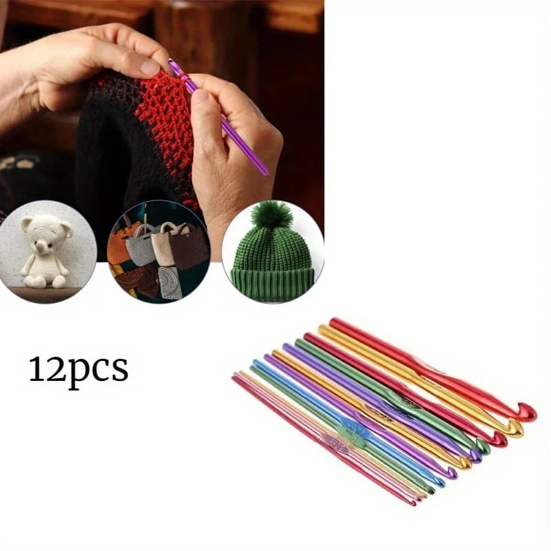 Set di 12 Ferri da Maglia Colorati in Alluminio per Lavori a Maglia Fai-da-Te, Accessori per Cucito e Filati